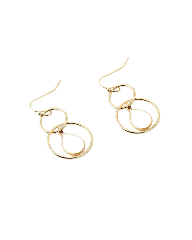 A pair of gold-toned dangle earrings with interlocking double-ring designs and fishhook backings, shown on a plain white background.