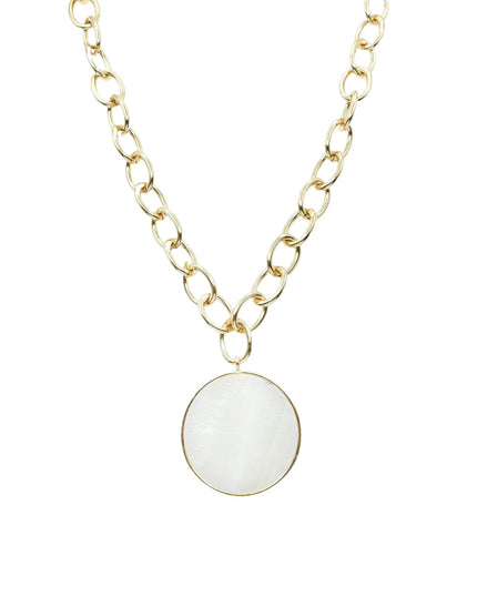 A gold chain necklace with a round, flat white pendant, shown against a plain white background.