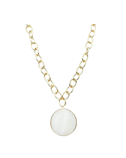 A gold chain necklace with a round, flat white pendant, displayed against a solid white background.