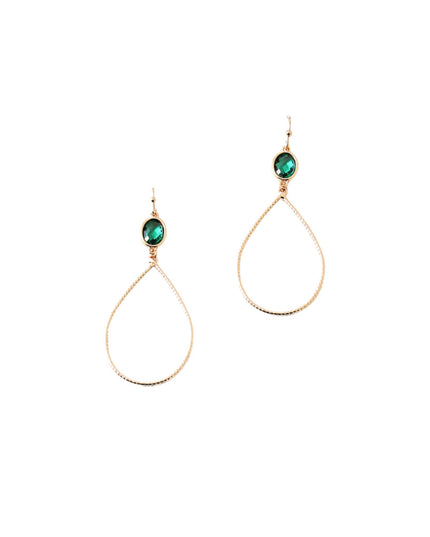 A pair of gold teardrop dangle earrings with a small oval green gemstone at the top, shown against a plain white background.