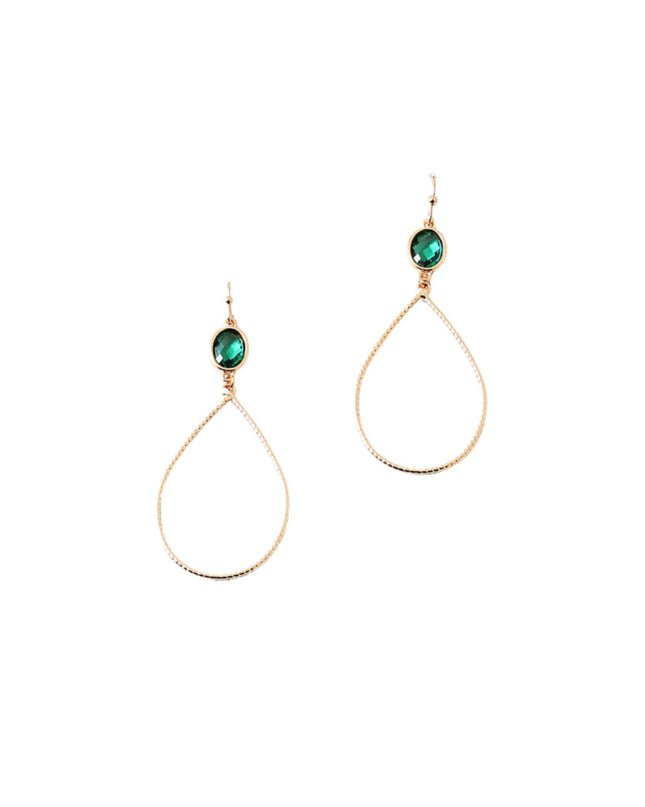 A pair of gold teardrop dangle earrings with a small oval green gemstone at the top, shown against a plain white background.