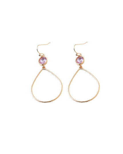 A pair of rose gold dangle earrings with a small oval purple gemstone at the top of a textured teardrop-shaped wire loop, shown on a plain white background.