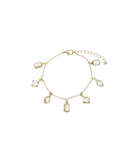 A delicate gold chain bracelet featuring multiple small rectangular and teardrop-shaped clear rhinestone charms, displayed on a solid white background.