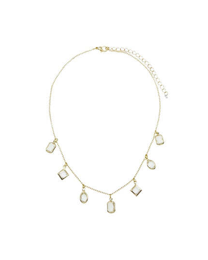 A delicate gold chain necklace featuring five dangling rectangular and teardrop-shaped clear stones, displayed on a solid white background.
