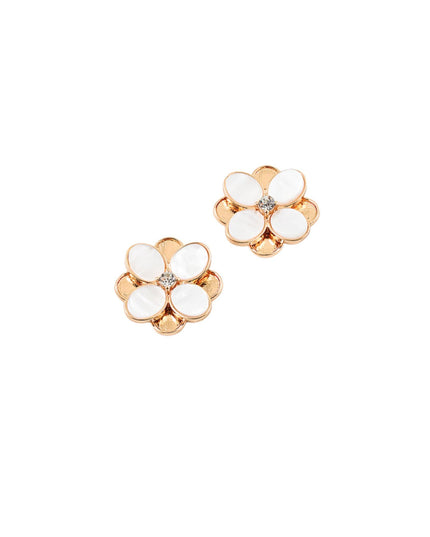 A pair of rose gold flower stud earrings with white mother-of-pearl petals and a small clear crystal at the center, shown on a plain white background.