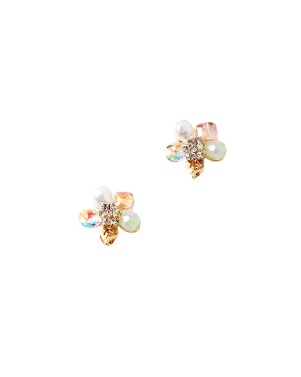 A pair of gold-toned stud earrings featuring faux pearls, iridescent beads, and clear rhinestones, displayed on a solid white background.