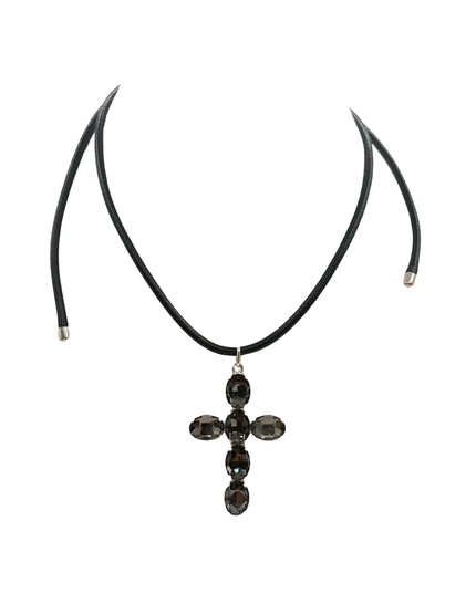A black cord necklace featuring a cross-shaped pendant made of faceted dark smoky glass beads, displayed against a solid white background.
