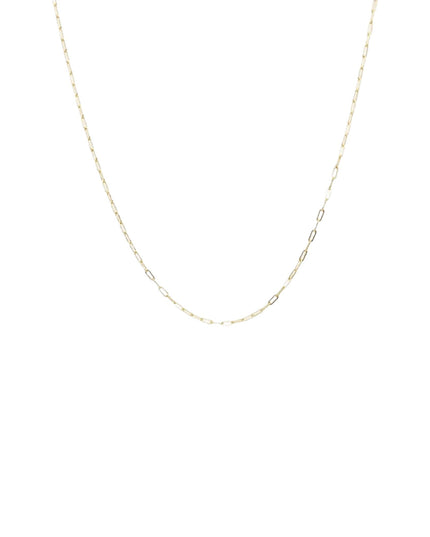 A delicate gold chain necklace with a unique elongated oval link design, displayed against a solid white background.