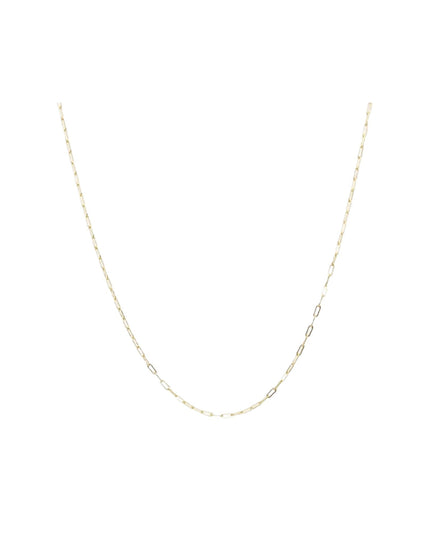 A delicate gold chain necklace with alternating small oval and elongated links, displayed against a solid white background.