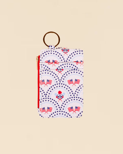 Small pouch with American flag pattern on a beige background