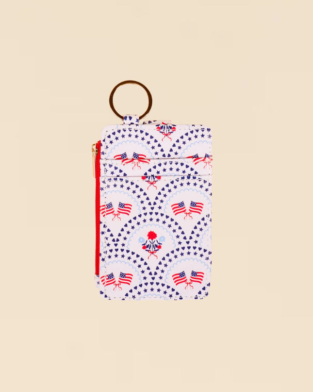 Small pouch with American flag pattern on a beige background