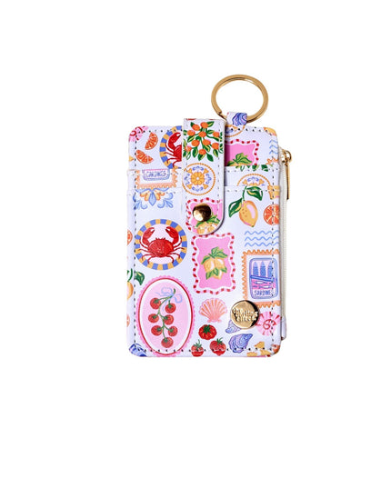 Colorful keychain with various designs on a white background