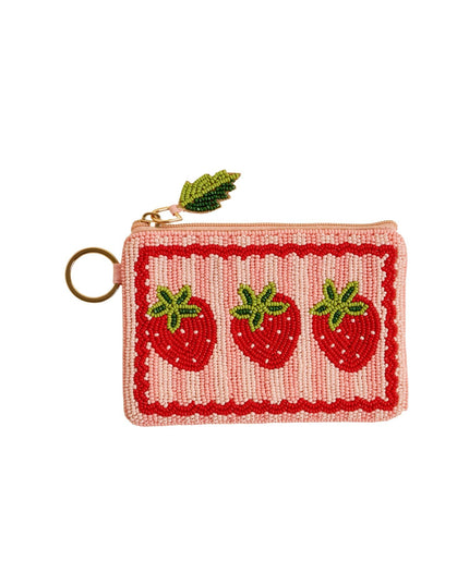 Small pouch with strawberry design on a white background
