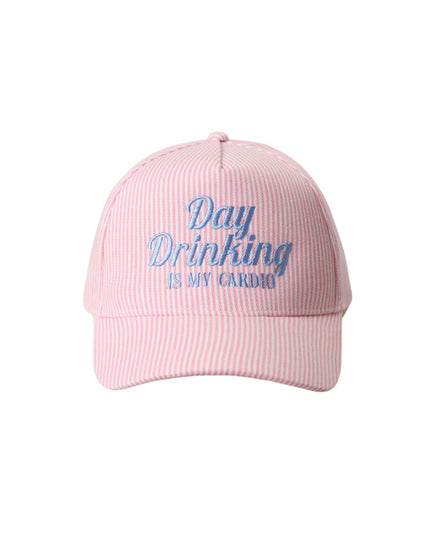 Pink cap with blue text 'Day Drinking is My Cardio' on a white background