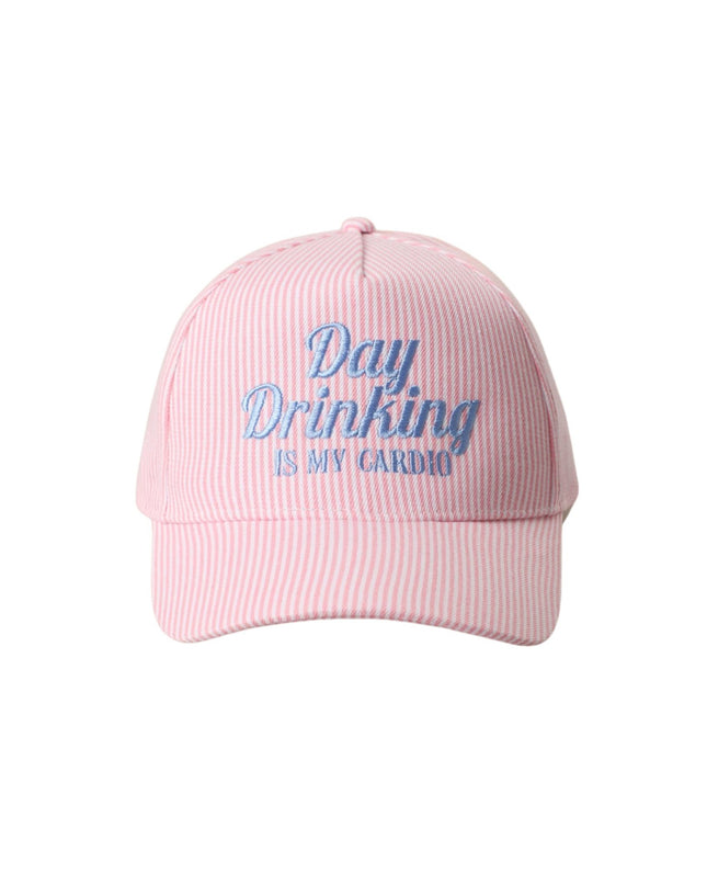 Pink cap with blue text 'Day Drinking is My Cardio' on a white background