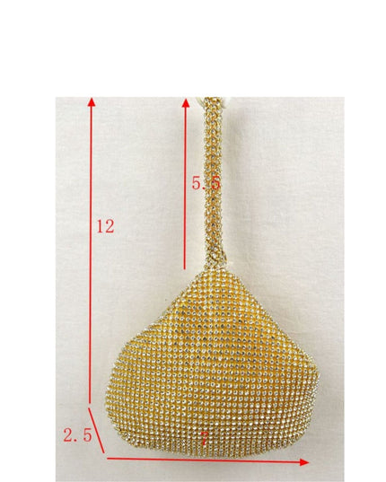 Gold beaded handbag with measurements on a white background