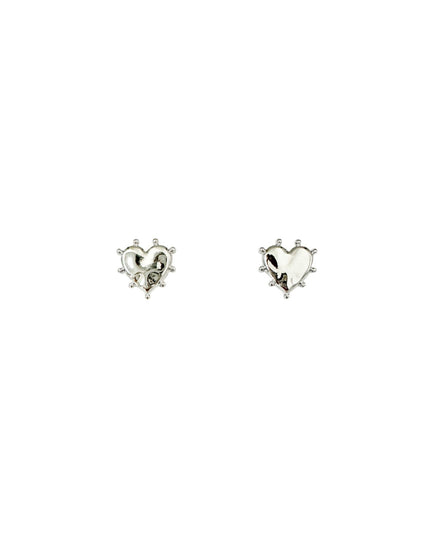 A pair of silver heart stud earrings with small clear stones around the edges, displayed on a solid white background.