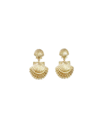 A pair of gold-toned shell-shaped drop earrings with a textured, scallop-like surface, shown on a plain white background.