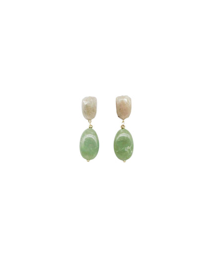 A pair of gold drop earrings featuring a small, rounded beige stone on top of a larger, polished green teardrop-shaped stone, shown against a plain white background.