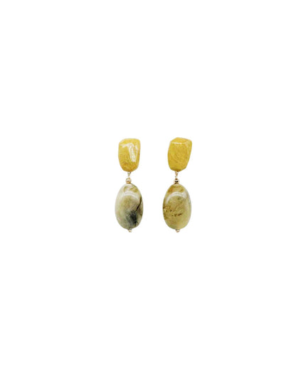 A pair of dangle earrings featuring textured yellow top studs and oval drop charms with a marbled yellow, white, and gray stone pattern, set against a plain white background.