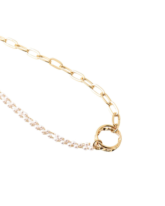 A gold chain necklace featuring a paperclip link chain and a secondary chain paved with small clear stones, both converging at a polished gold O-ring clasp, shown on a plain white background.