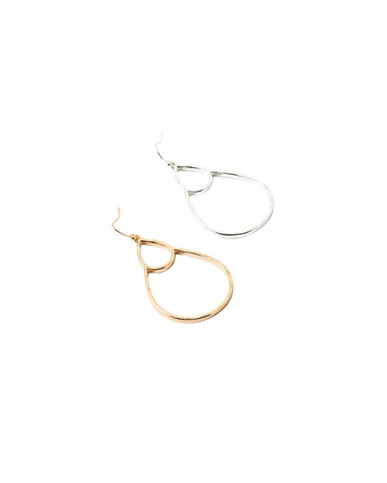 Two minimalist teardrop-shaped hoop earrings, one in polished gold and one in polished silver, displayed on a clean white background.