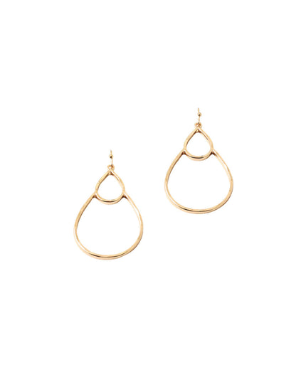 A pair of gold-toned open teardrop dangle earrings on a plain white background.