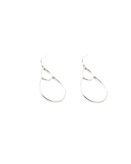 A pair of minimalist silver dangle earrings with a double-loop teardrop design, shown against a plain white background.