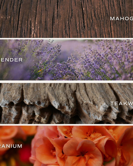 Collage of wood textures and floral images labeled 'Mahogany', 'Lavender', 'Teakwood', and 'Geranium'.