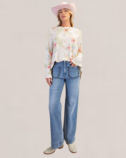 Ruffle Trim Pockets High Rise Stretch Denim Jeans