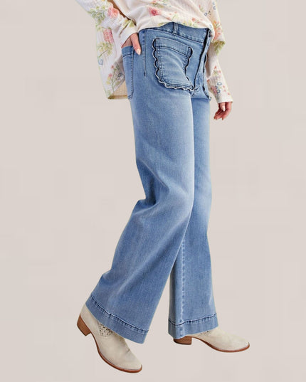 Ruffle Trim Pockets High Rise Stretch Denim Jeans Blue