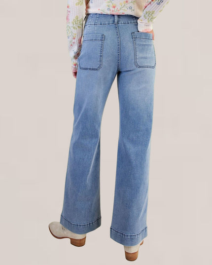 Ruffle Trim Pockets High Rise Stretch Denim Jeans Light Blue