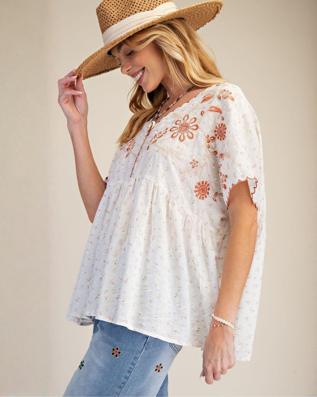 Woman wearing a white embroidered top and straw hat against a beige background