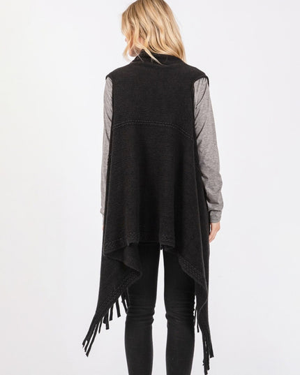 Embossed Dotted Line Tassel Knit Vest Black