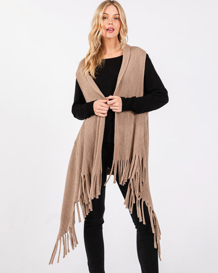 Embossed Dotted Line Tassel Knit Vest Beige