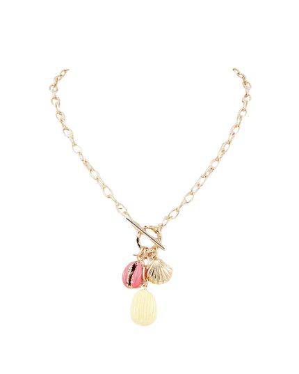 A gold chain necklace with a toggle clasp and three dangling shell charms in pink, gold, and cream, shown on a plain white background.