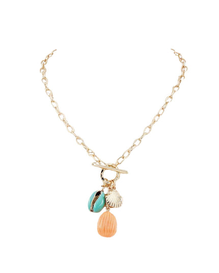A gold chain necklace with a toggle clasp and three dangling charms: a turquoise shell, a textured gold shell, and a peach-colored shell, shown on a plain white background.