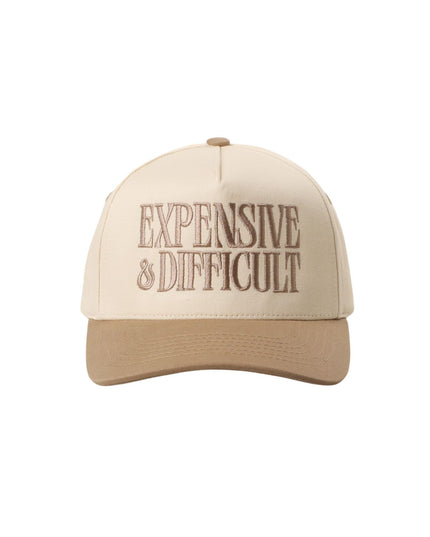 Beige cap with 'EXPENSIVE & DIFFICULT' text on a white background