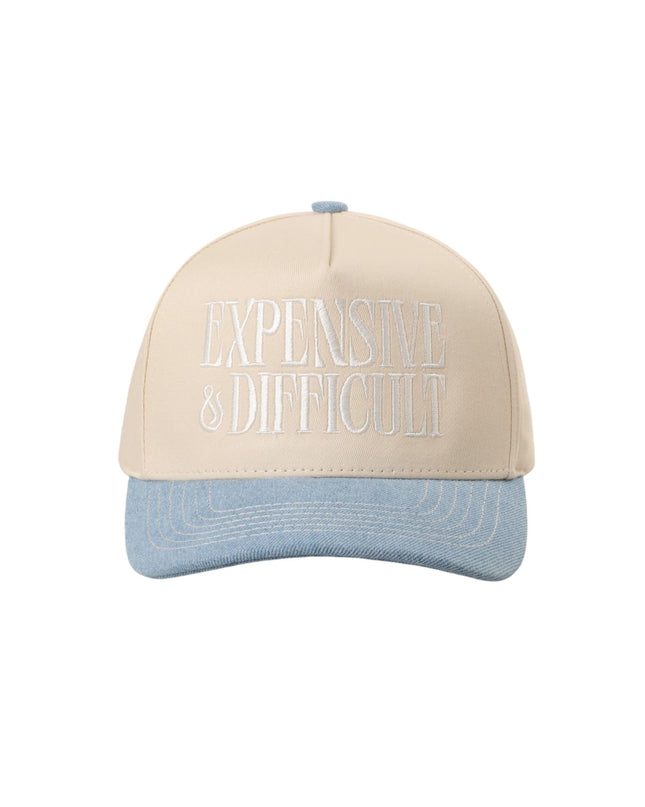 Beige and blue cap with text on a white background
