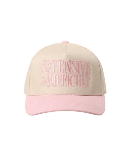 Beige and pink cap with 'EXPENSIVE & DIFFICULT' text on a white background