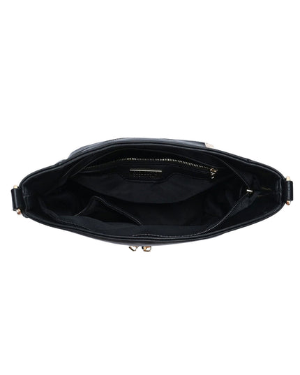 Top-down view of a black leather shoulder bag showing its interior compartments, including a main zippered compartment, a side pocket, and a small gold-tone brand plaque.