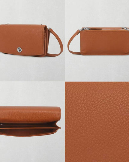 Brown leather handbag shown from multiple angles on a light gray background