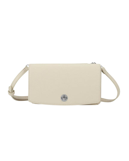 An off-white leather crossbody bag with a small silver-tone logo medallion on the front flap, displayed against a solid white background.