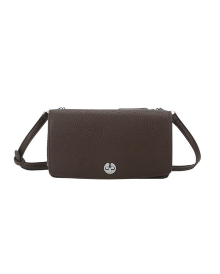 A dark brown pebbled leather crossbody bag with a silver-tone circular logo clasp on the front, displayed against a solid white background.