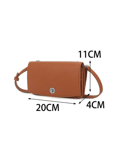 A brown pebbled leather crossbody bag with dimension annotations showing measurements of 20cm width, 11cm height, and 4cm strap thickness on a plain white background.