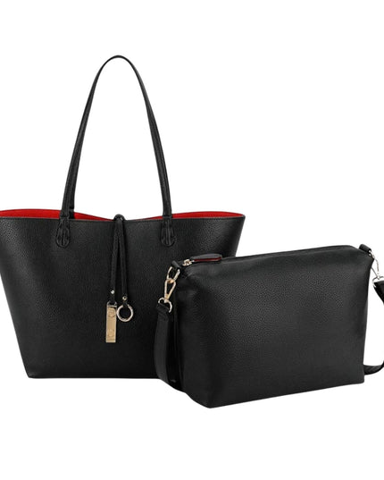 A black pebbled faux-leather tote bag with a bright red interior and a matching black pebbled wristlet pouch with a strap, shown on a plain white background.