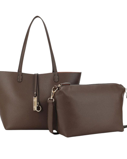 A dark brown pebbled faux-leather tote bag with dual shoulder straps, shown alongside a matching zippered pouch with a wrist strap and gold-tone hardware, set against a plain white background.