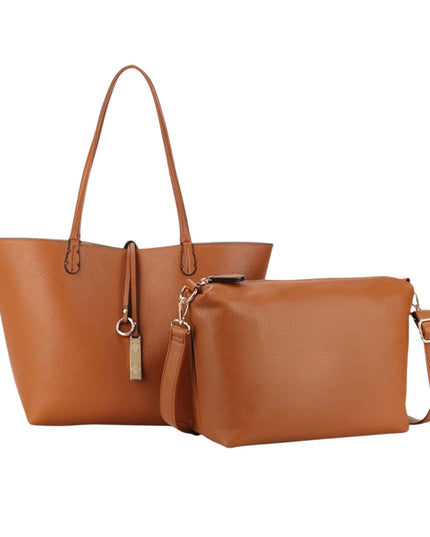 Faux Leather Reversible Tote Crossbody Handbag Set Tan