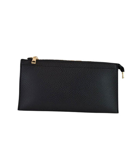A black pebbled leather zip pouch with gold-tone metal hardware, shown against a plain white background.