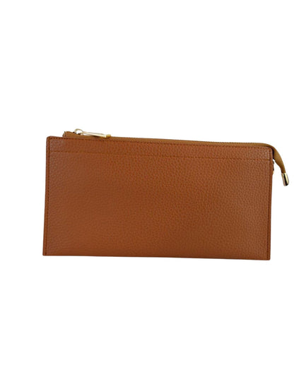 A brown pebbled leather zip-around pouch with gold-tone hardware, shown against a plain white background.
